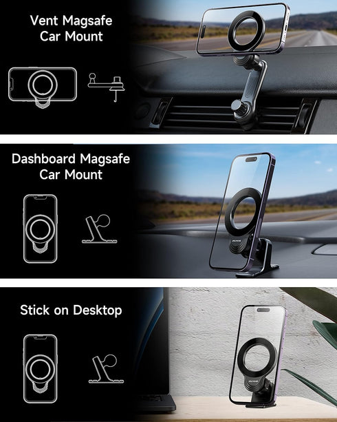 Magnetic Car Phone Mount for iPhone 15/14/13/12 Pro Max Mini & MagSafe Cases - 360 Degrees Rotation, One-hand Operation, Super Strong Magnet Force