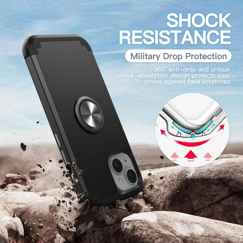 IDweel iPhone 15 Case: 2-in-1 Shockproof Cover with Screen Protector, 360° Ring Holder, Camera Lens Protector, Black.