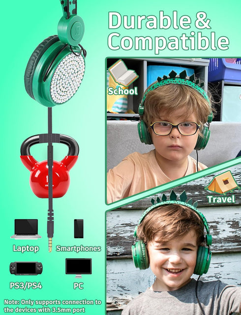 Kids Headphones, Dinosaurs Wired Headsets for Boys & Girls, Built-in Mic & On/Over Ear HD Stereo for Online