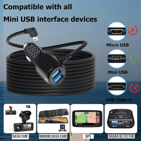 12V-24V (11.5FT) MAYWILLA Car Dash Cam Charger Cable,Mini USB Dash Cam Power Cord with Dual USB Port Vehicle Charging