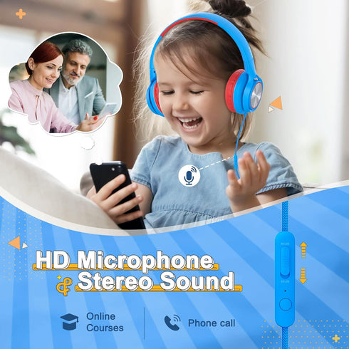 LORELEI E7 Kids Headphones with Microphone, On-Ear Wired Headset for Children, 85/94dB Safe Volume, Foldable (Blue&Red)