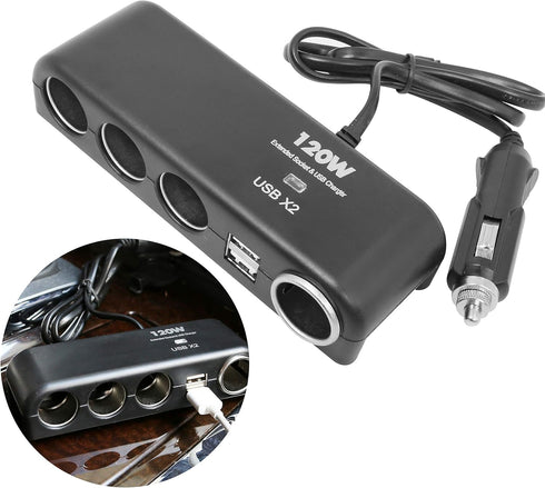 XINFENG 4 Way Car Charger Splitter Power Adapter with Multi Socket Dual USB 12V-24V Plug Charger for iPhone iPad Samsung GPS Dashcam