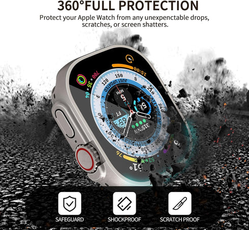 (2 in 1) Waterproof Case Compatible for Apple Watch Ultra/Ultra 2, Tempered Glass Protective PC Face Cover & Back Bumper