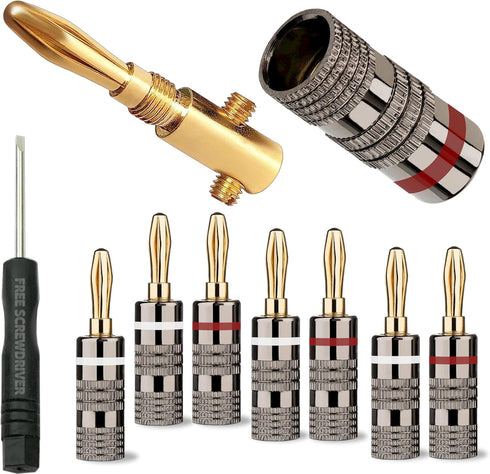 4 Pairs Banana Plugs (8 pcs: 4 White/4 Red), 24K Gold Plated Speaker Plug Connectors for Home Theater