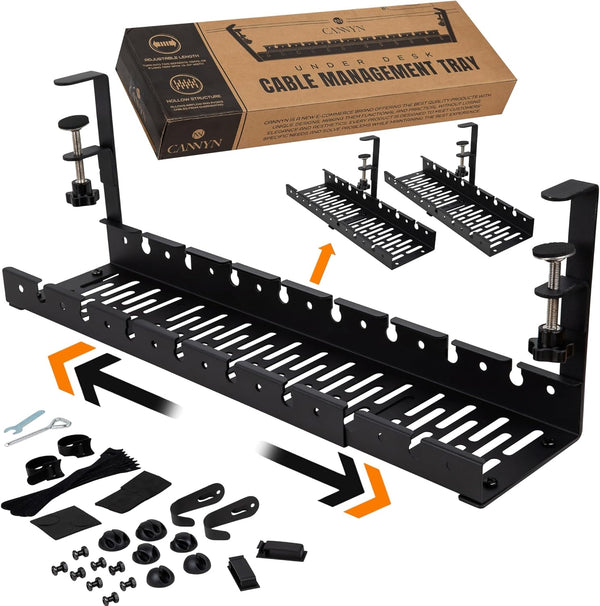 No Drill Under Desk Cable Management Tray, Extendable Steel Desk Cord Hider, Under Desk Cable Tray Holder, 2 Pack