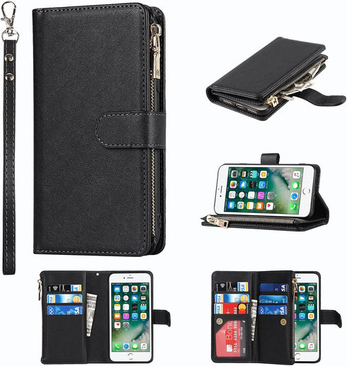 Jaorty Wallet Case Compatible with iPhone 7/8/iPhone SE 2nd 2020, 9 Card Slots, Wrist Strap, Stand Feature, Zipper Cash