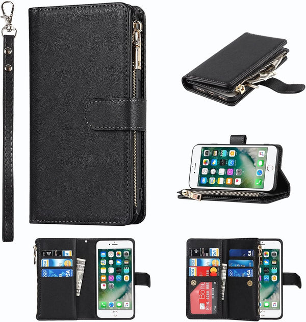 Jaorty Wallet Case Compatible with iPhone 7/8/iPhone SE 2nd 2020, 9 Card Slots, Wrist Strap, Stand Feature, Zipper Cash
