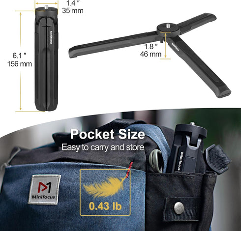 MINIFOCUS Aluminum Mini Tripod, Tabletop Handheld Tripod with 1/4'' and 3/8'' Screw for DSLR and Gimbal