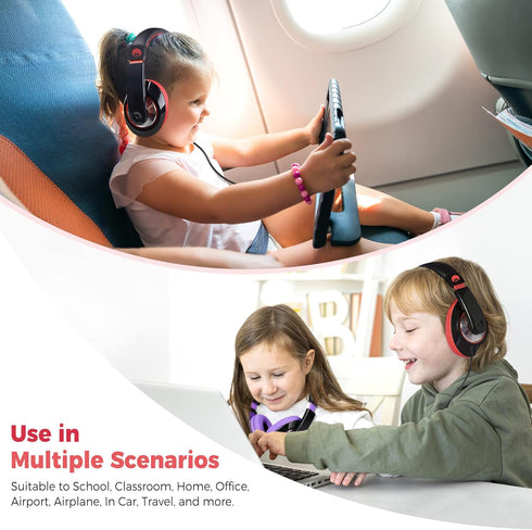 rockpapa Comfort Kids Headphones - Lightweight Over-Ear Wired 3.5mm for School, Travel, Black/Red