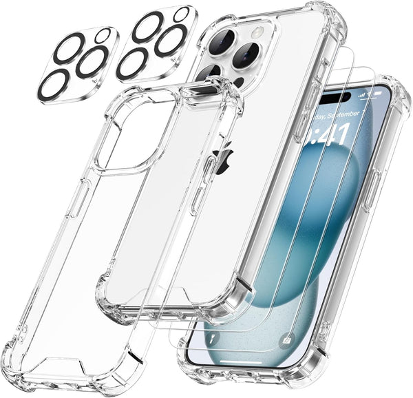 iPhone 15 Pro 5-in-1 Clear Case with 2 Glass Screen Protectors & 2 Camera Lens Protectors - Compatible & Durable.