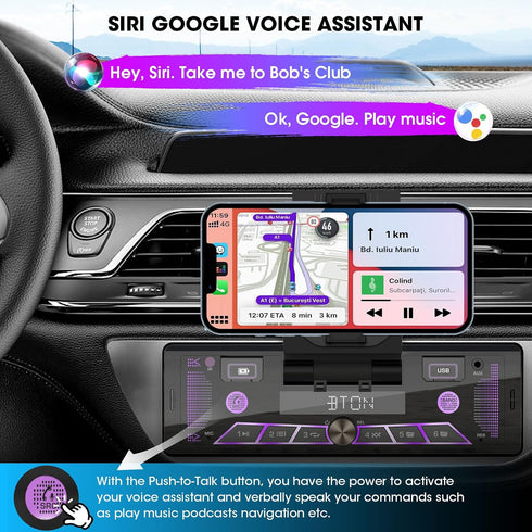 aboutBit 300W Single Din Car Marine Stereo: Bluetooth Car Radio with Smartphone Holder - Push to Talk Assistant AM FM