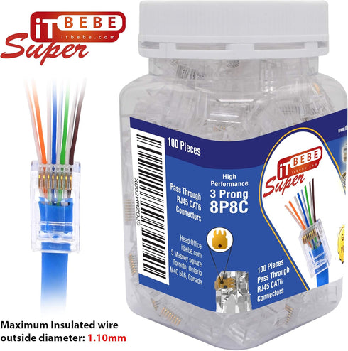 ITBEBE 100-Pack RJ45 Cat6 Pass Through Connectors – High Performance Cat6 Connector (RJ45 Connectors/Ethernet Connector / Cat6 Connectors / 8P8C / Cat 6 Ends / RJ45 Ends) for 24 AWG Ethernet Cable by itbebe.com