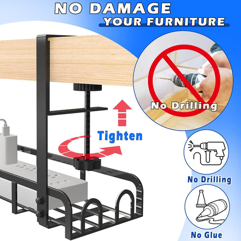 Sleclean Under Desk Cable Management Tray, Upgraded Long Arm Clamp, No Drill Steel Desk Cable Organizers