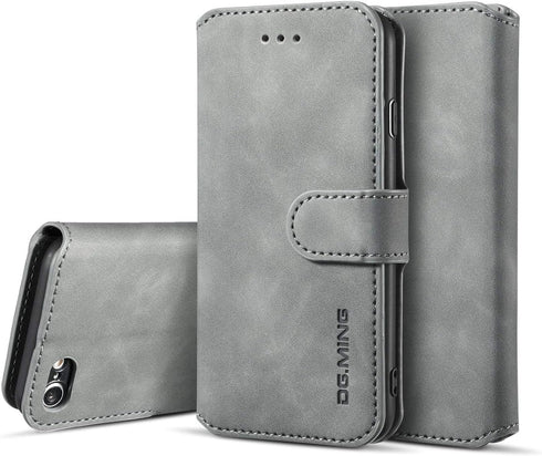 UEEBAI Luxury PU Leather Wallet Flip Cover Case for iPhone SE 2022/7/8/SE 2020 - Grey, Magnetic Stand Folio Protection