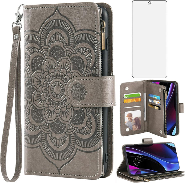 Asuwish Grey Wallet Cover for Motorola Edge+ Plus 2022/Edge X30/30 Pro, with Tempered Glass Screen Protector