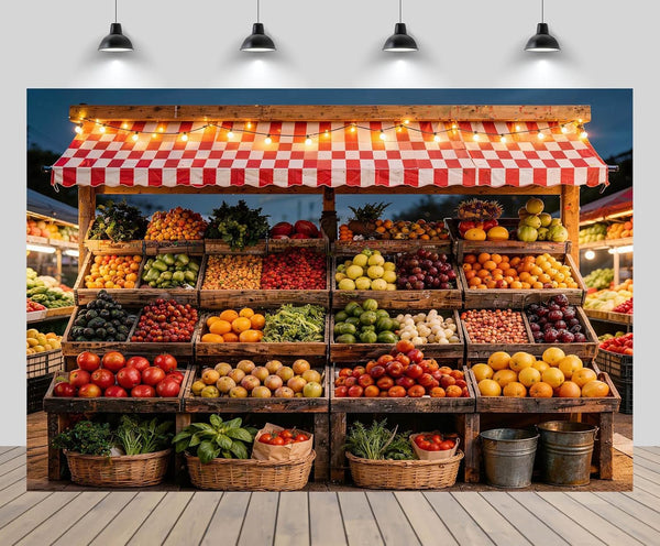 CHNYWORK 8x8ft Farmers Market Fruit Stall Photography Backdrop Red White Checkered Awning Fresh