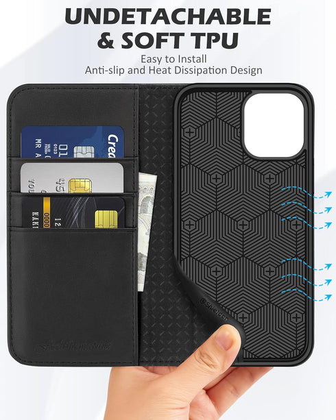 SHIELDON Case for iPhone 12/12 Pro 5G, Genuine Leather Wallet Case with RFID Blocking and Kickstand