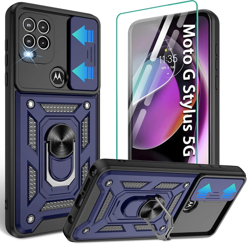 Moto G Stylus 5G (2021) Phone Case with Screen Protector, Shockproof Cover with Magnetic Kickstand Ring, Blue