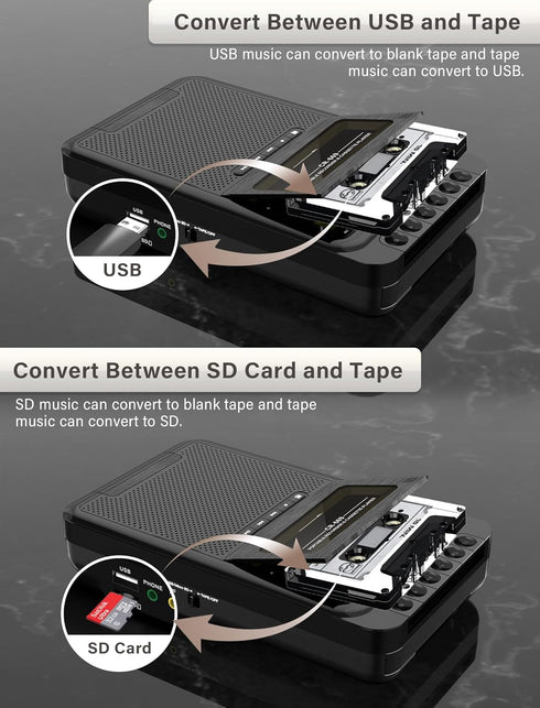 Gracioso Cassette Cassette MP3 Cassettes/USB/SD Mic,Cassette Player Converter, Portable to Music via U Disk/SD Card