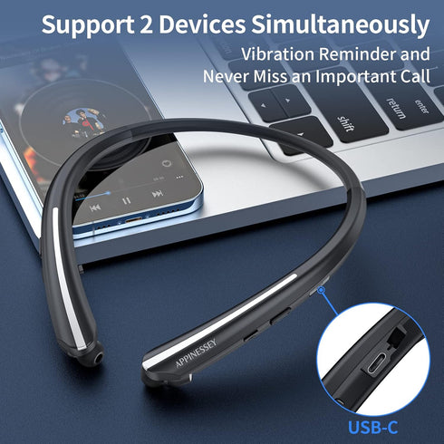 APPINESSEY Headset Bluetooth Headphones Retractable Neckband, Bluetooth with Microphone Vibration Call, Stereo Noise