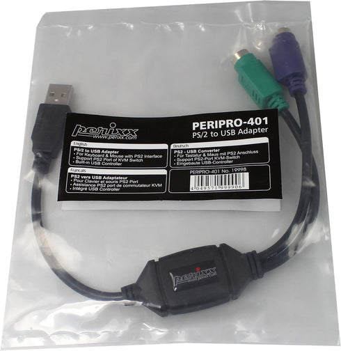 Perixx PERIPRO-401 PS2 to USB Adapter for Keyboard and Mouse, Built-in USB Controller, Black