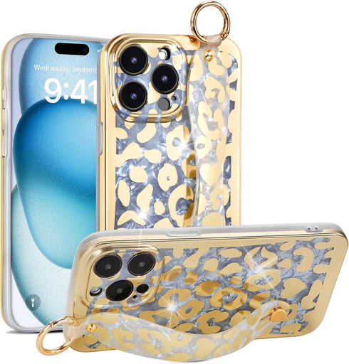 Cheetah Print Ultra Slim IMD Shockproof Wrist Band Kickstand Cover Case for iPhone 13 Pro 6.1-inch (Leopard Skin