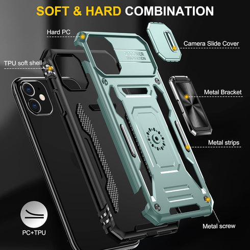 iPhone 11 Case by SunStory (Z_Green) - Military-Grade, HD Screen Protector, Slide Camera Cover & Kickstand.