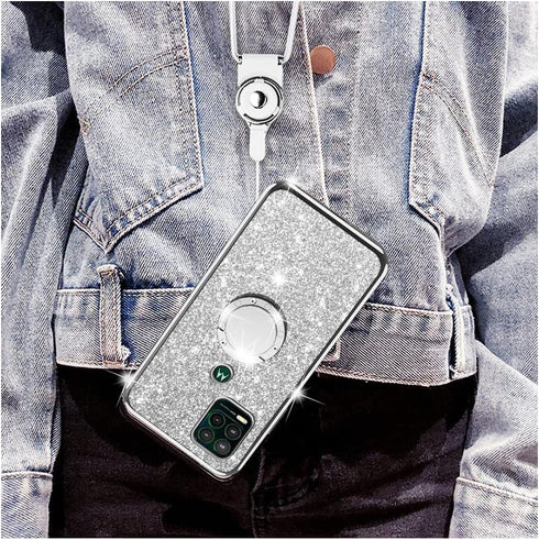 for Moto G Stylus 5G Case (2021), Cute Luxury Glitter Silicone TPU Phone Case with Kickstand, Silver