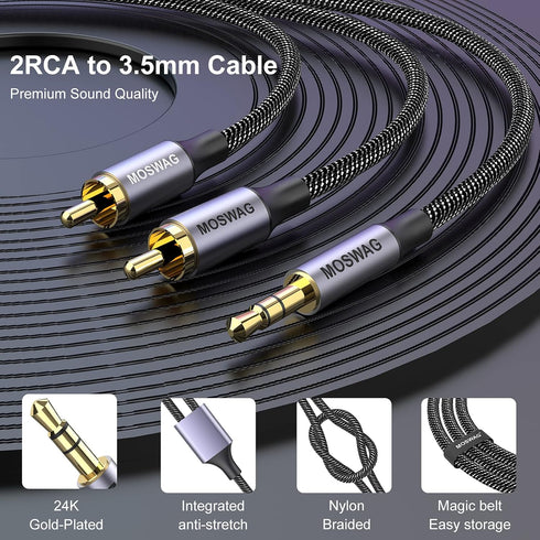 MOSWAG RCA Cable, 2RCA to 3.5mm Audio Cable 10ft/3M Hi-Fi Sound Nylon-Braided RCA to AUX Audio Cable for DJ Controller