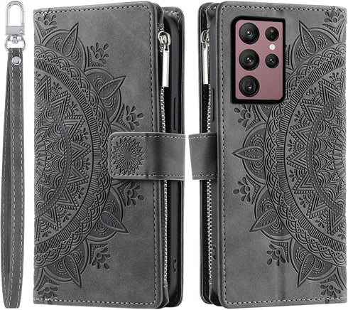 Asuwish Wallet Case for Samsung Galaxy S22 Ultra 5G - Grey Mandala Flower, Zipper Card Holder & Screen Protector.