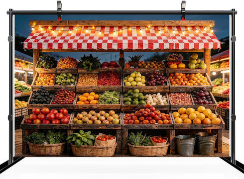 CHNYWORK 10x8ft Farmers Market Fruit Stall Photography Backdrop Red White Checkered Awning Fresh Produce Wooden Crates