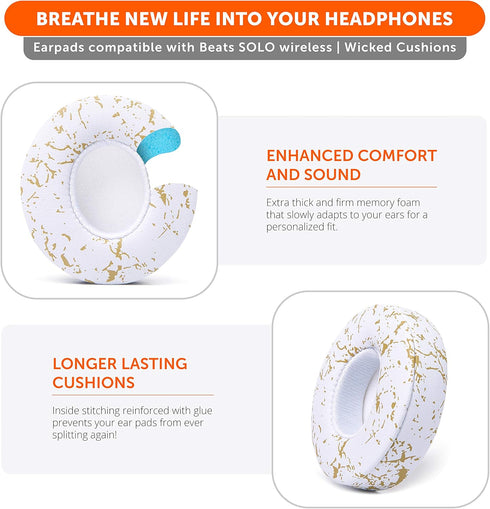 WC Extra Thick Replacement Earpads for Beats Solo 2 & 3 by Wicked Cushions - Gold Marble