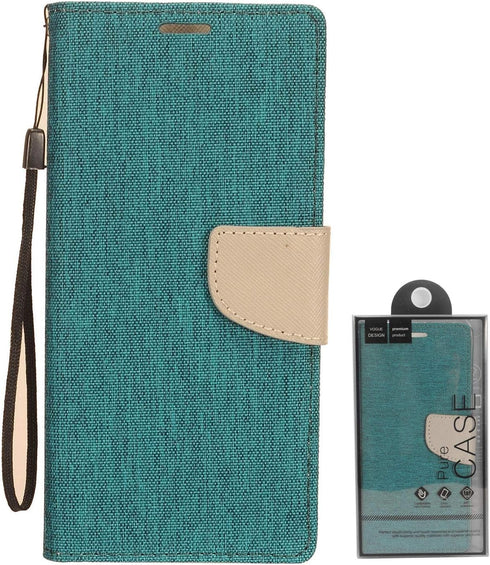 Denim Fabric Wallet Phone Case for LG K51, LG Reflect (LM-K500) - CT5 Gray/Navy Blue