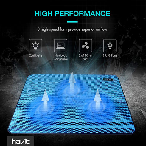 Havit HV-F2056 Laptop Cooler Cooling Pad for 15.6-17 Inch - Slim Portable USB Powered with 3 Fans