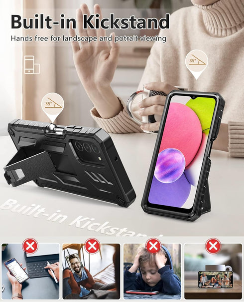 Samsung Galaxy A03S Phone Case, Built-in Hard Kickstand & Touch Protector, Military Shockproof TPU Cover - Black