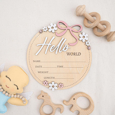 6 Inch Wooden Baby Announcement Sign Round Birth Stat Plaque with Floral and Bow Design (Hello World)