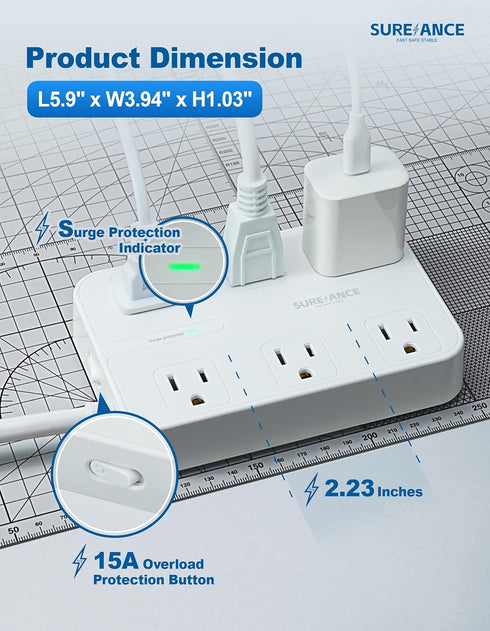 Surge Protector Power Strip - 6 Outlets, 3 USB-A, 1 USB-C, 1050J, 6FT Flat Plug Extension Cord, ETL Certified