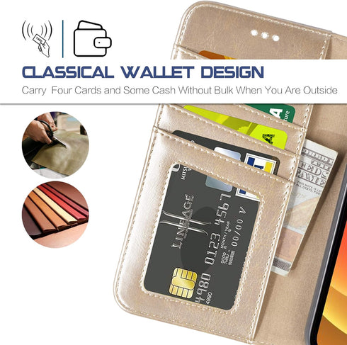 Arae Wallet Flip Cover for iPhone 12 and iPhone 12 Pro - Card Holder and Wrist Strap, Champagne Gold