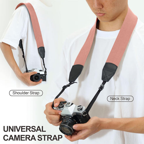 Padwa Lifestyle Pink Camera Strap, 2" Wide Cotton Woven Genuine Leather Head Straps, Includes 2 Quick Release Clips