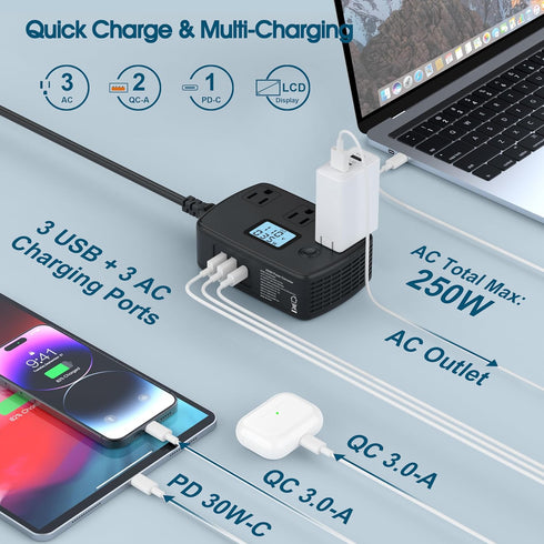 Universal Travel Adapter 220v to 110v Converter with 3 AC Outlets, 2 QC3.0, 1 PD30W, 250W Combo