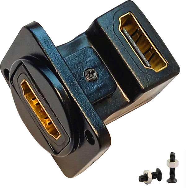 HDMI Right Angle D Type Panel Mount Adapter, Female to Female Gold Plated Connector with Screws