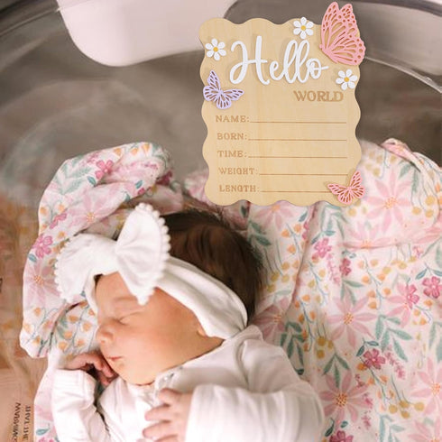 TERJIO Butterfly Daisy Hello World Board - Little Butterfly Birth Announcement Sign,Wooden Hello World Card