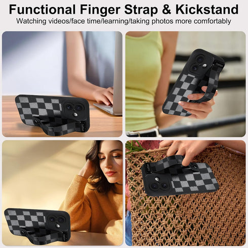 OOK 17 6.3inch Compatible with iPhone Silicone Phone Case with Strap, Trendy Checkerboard Pattern for Women Girls