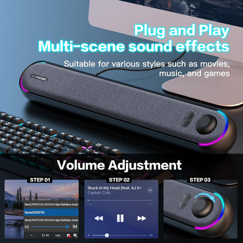 ICOREBEI Desktop computer speaker, soundbar, compatible with Mac, desktop, laptop, tablet, monitor, PC, and mobile
