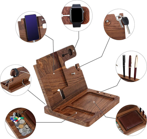 awofer Ebony Wood Phone Docking Station, Nightstand with Key Holder, Wallet Stand, Watch Organizer for Gifts
