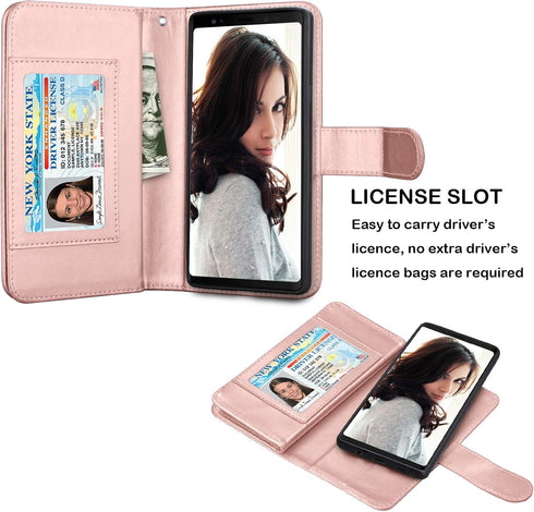 Njjex Luxury Wallet Case for Galaxy Note 9 - PU Leather, 9 Card Slots, Detachable, Kickstand, Magnetic Phone Cover with