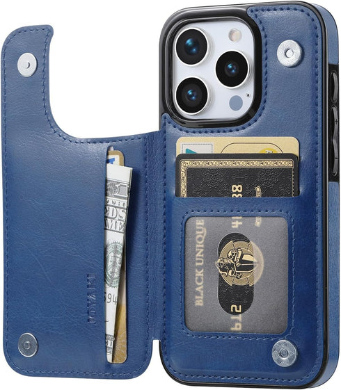 Compatible Wallet Case for iPhone 15 Pro 6.1” +1 Screen Protector, Slim PU Leather Kickstand Case, Deep Blue