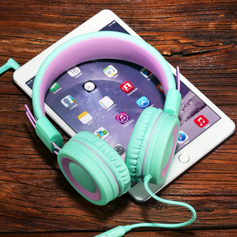 POWMEE P10 Kids Headphones with Microphone - Adjustable Volume Control Foldable On-Ear Headphones, Green.