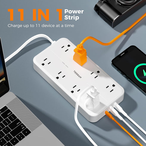 Power Strip with Surge Protection, TESSAN Flat Plug Extension Cord with 8 Outlets, 3 USB Ports (1 USB C)