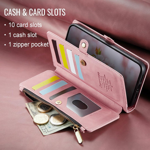 Defencase iPhone 13 Pro Max Wallet Case with RFID Blocking Card Holder, PU Leather Magnetic Snap Flip Zipper Strap